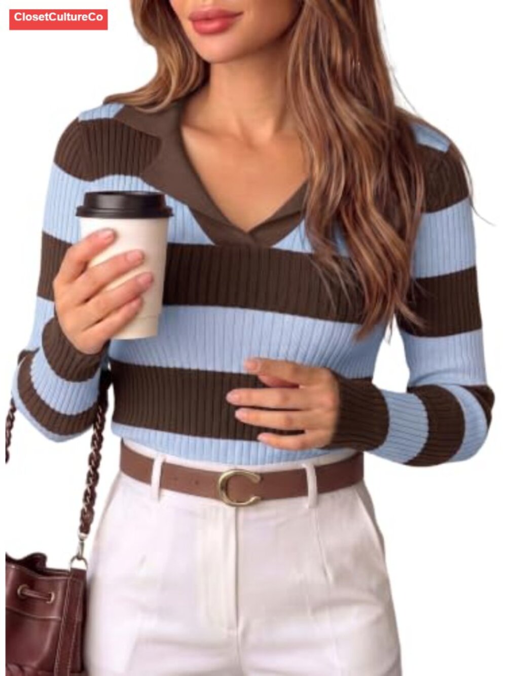 Striped Polo Collar Pullover Sweater Long Sleeve Ribbed Slim Fit Knit Top
